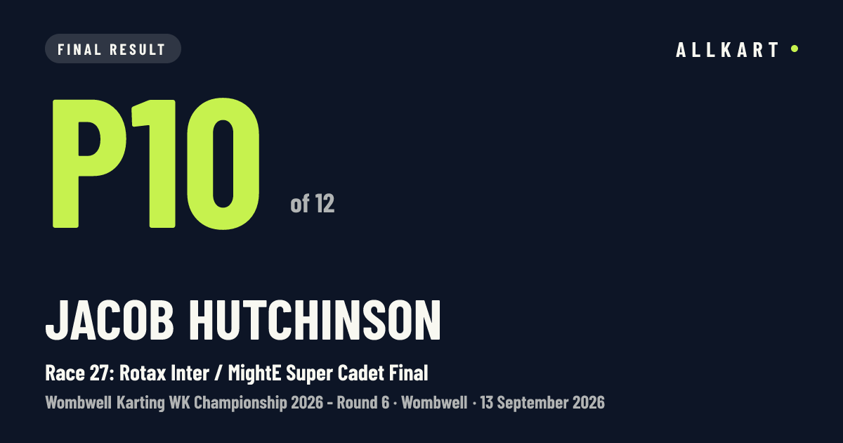 Jacob Hutchinson: P10 of 12 in Race 27: Rotax Inter / MightE Super Cadet Final at Wombwell