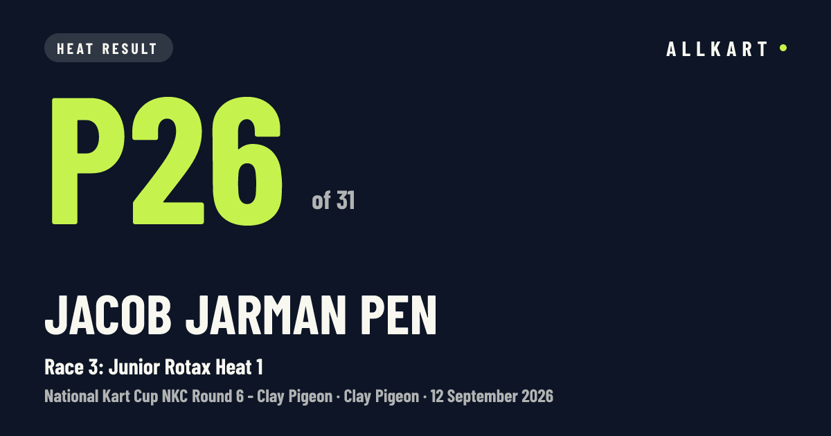 Jacob Jarman pen: P26 of 31 in Race 3: Junior Rotax Heat 1 at Clay Pigeon