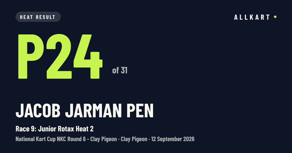 Jacob Jarman pen: P24 of 31 in Race 9: Junior Rotax Heat 2 at Clay Pigeon