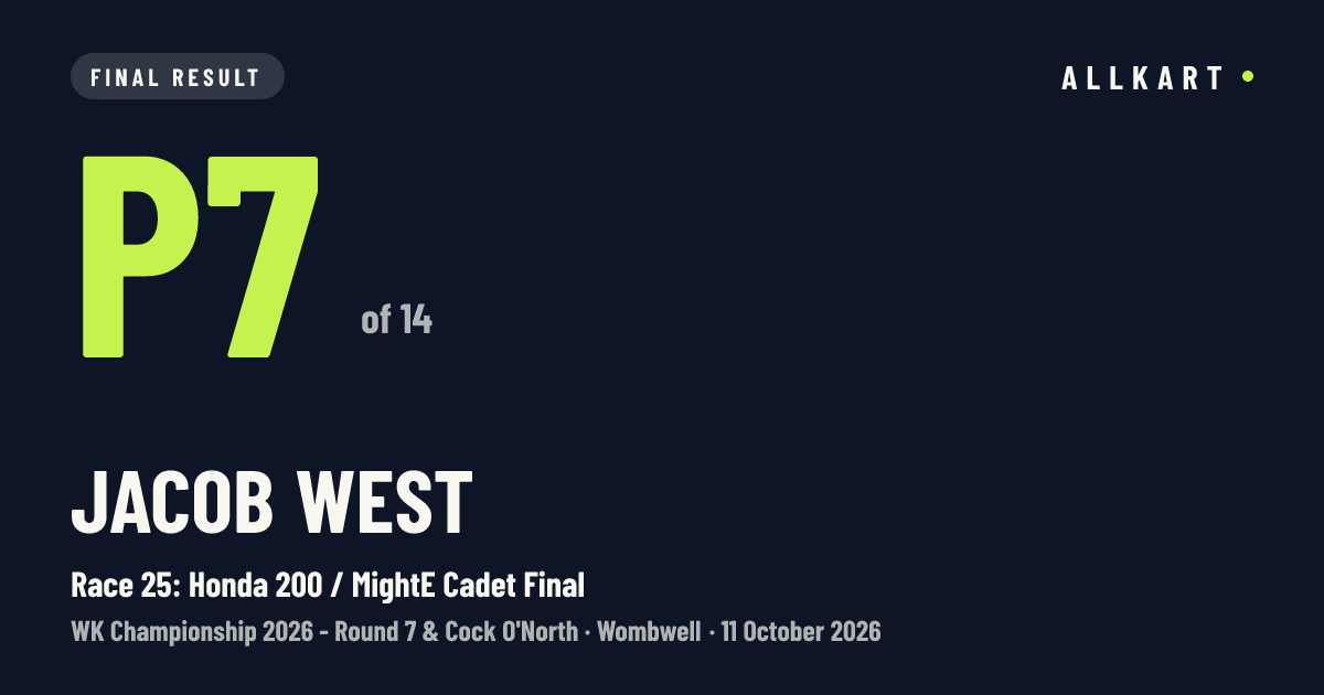 Jacob West: P7 of 14 in Race 25: Honda 200 / MightE Cadet Final at Wombwell
