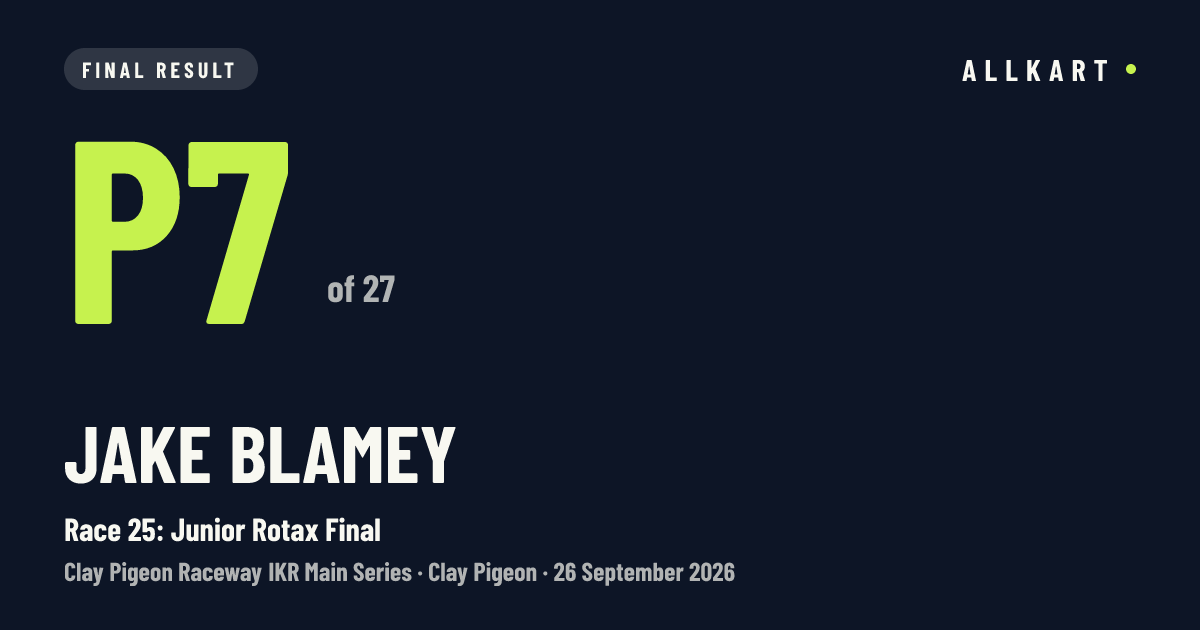 Jake Blamey: P7 of 27 in Race 25: Junior Rotax Final at Clay Pigeon