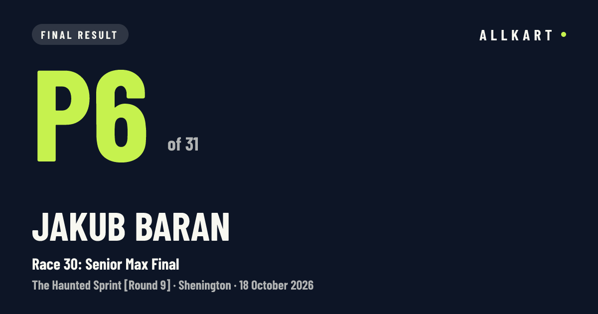 Jakub BARAN: P6 of 31 in Race 30: Senior Max Final at Shenington