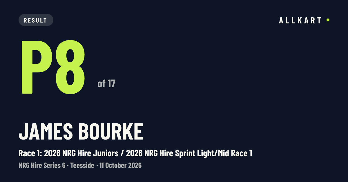 James Bourke: P8 of 17 in Race 1: 2026 NRG Hire Juniors / 2026 NRG Hire Sprint Light/Mid Race 1 at Teesside