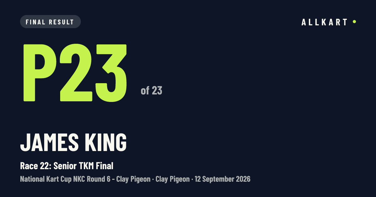 James King: P23 of 23 in Race 22: Senior TKM Final at Clay Pigeon