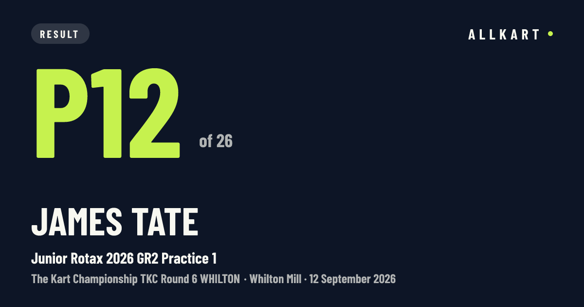 James Tate: P12 of 26 in Junior Rotax 2026 GR2 Practice 1 at Whilton Mill