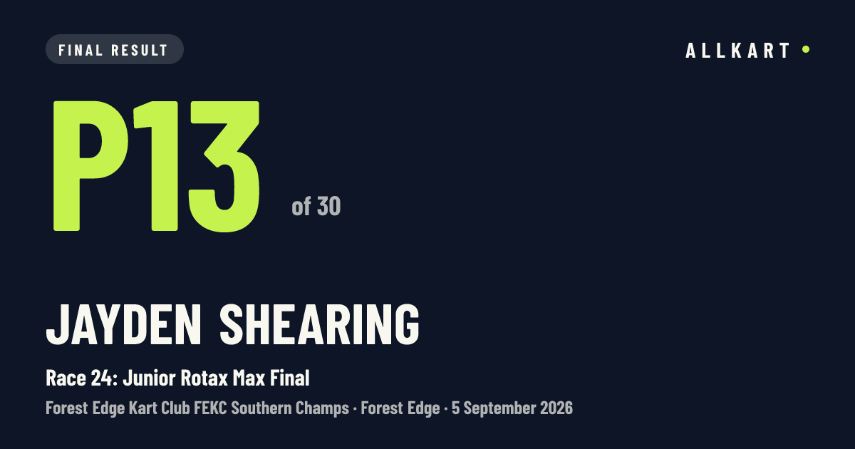 Jayden Shearing: P13 of 30 in Race 24: Junior Rotax Max Final at Forest Edge
