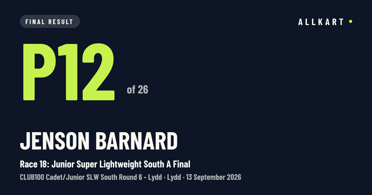 Jenson Barnard: P12 of 26 in Race 18: Junior Super Lightweight South A Final at Lydd