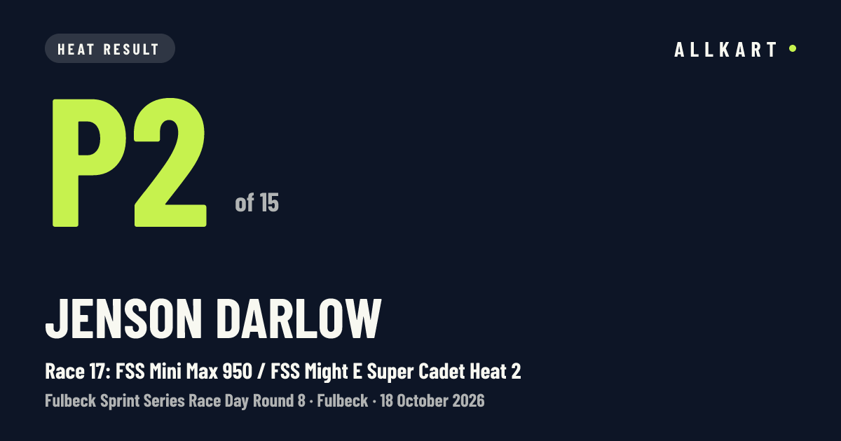Jenson Darlow: P2 of 15 in Race 17: FSS Mini Max 950 / FSS Might E Super Cadet Heat 2 at Fulbeck