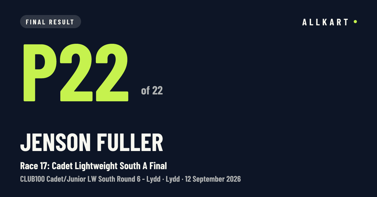 Jenson Fuller: P22 of 22 in Race 17: Cadet Lightweight South A Final at Lydd