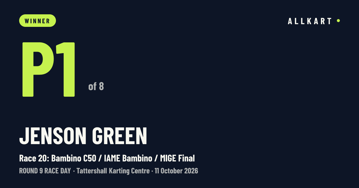Jenson Green: P1 of 8 in Race 20: Bambino C50 / IAME Bambino / MIGE Final at Tattershall Karting Centre