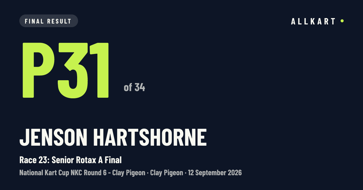 Jenson Hartshorne: P31 of 34 in Race 23: Senior Rotax A Final at Clay Pigeon