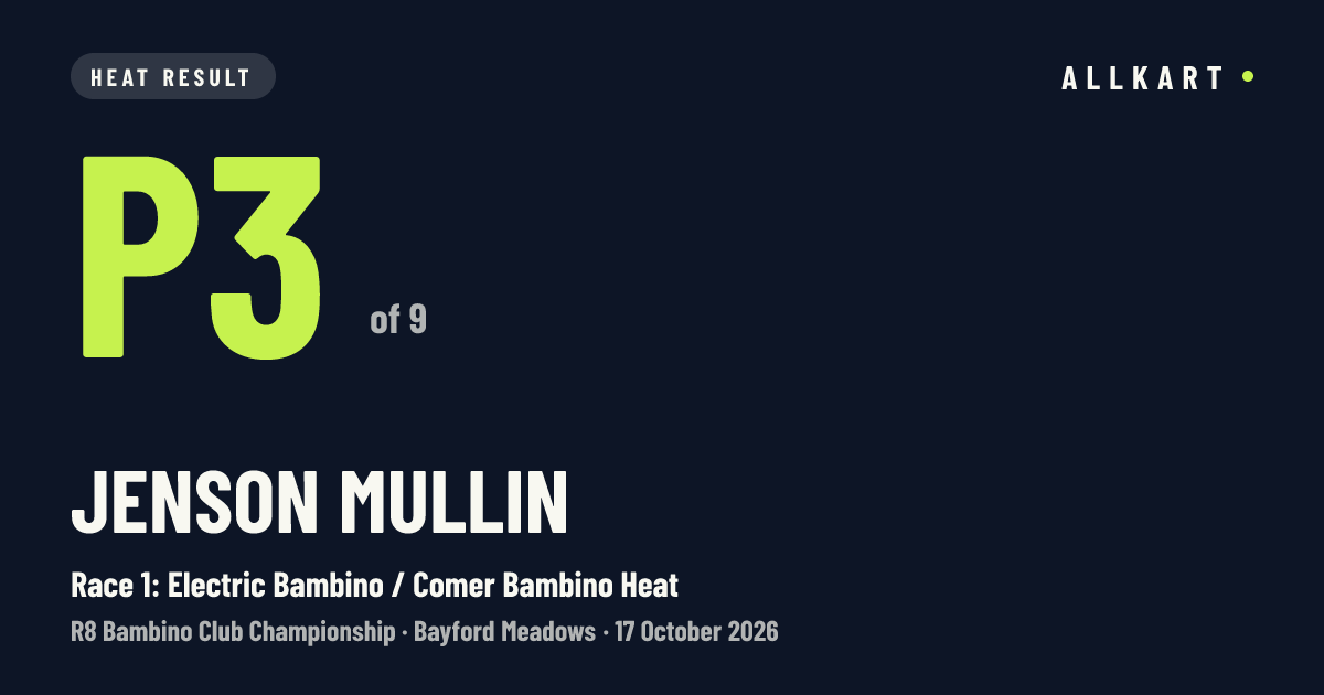 Jenson Mullin: P3 of 9 in Race 1: Electric Bambino / Comer Bambino Heat at Bayford Meadows