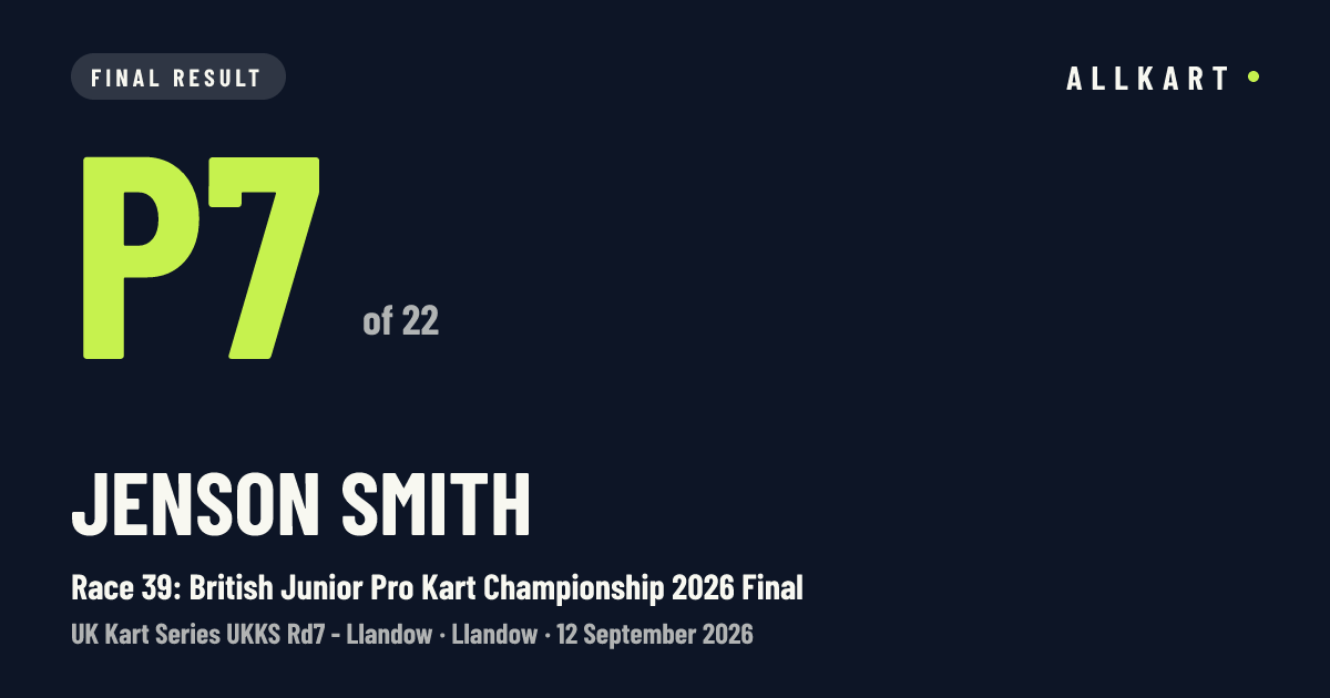 Jenson Smith: P7 of 22 in Race 39: British Junior Pro Kart Championship 2026 Final at Llandow
