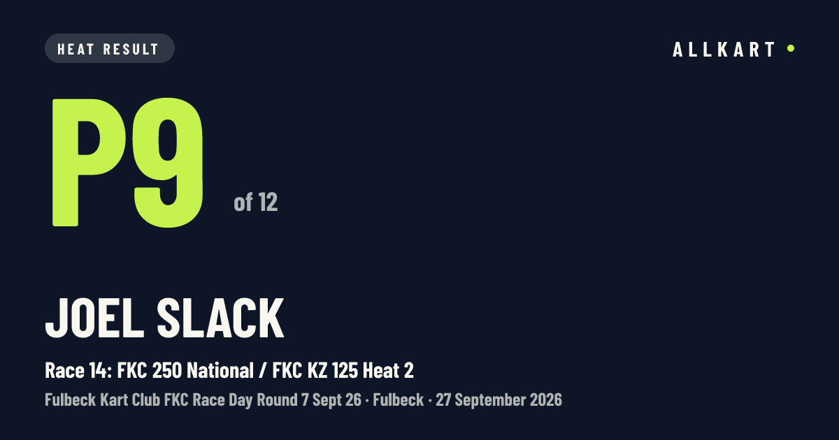 Joel Slack: P9 of 12 in Race 14: FKC 250 National / FKC KZ 125 Heat 2 at Fulbeck