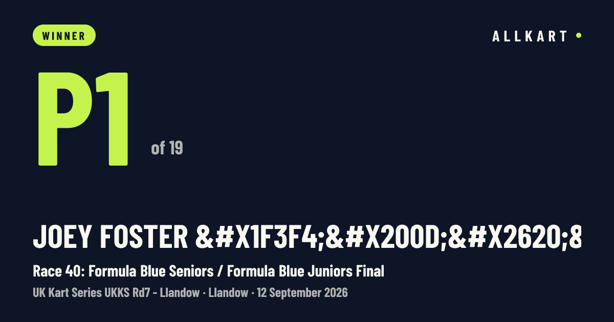 Joey Foster 🏴‍☠️: P1 of 19 in Race 40: Formula Blue Seniors / Formula Blue Juniors Final at Llandow