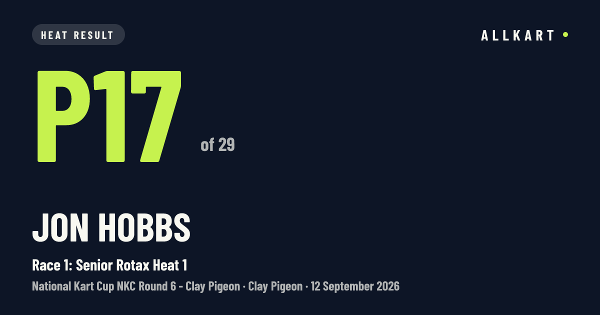 Jon Hobbs: P17 of 29 in Race 1: Senior Rotax Heat 1 at Clay Pigeon