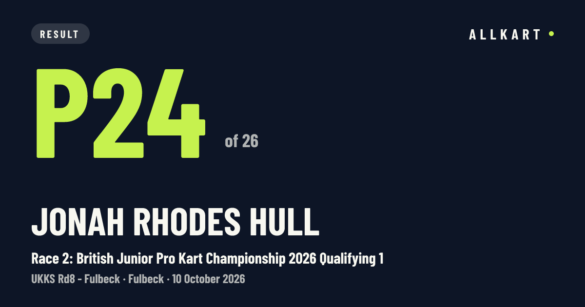 Jonah Rhodes hull: P24 of 26 in Race 2: British Junior Pro Kart Championship 2026 Qualifying 1 at Fulbeck