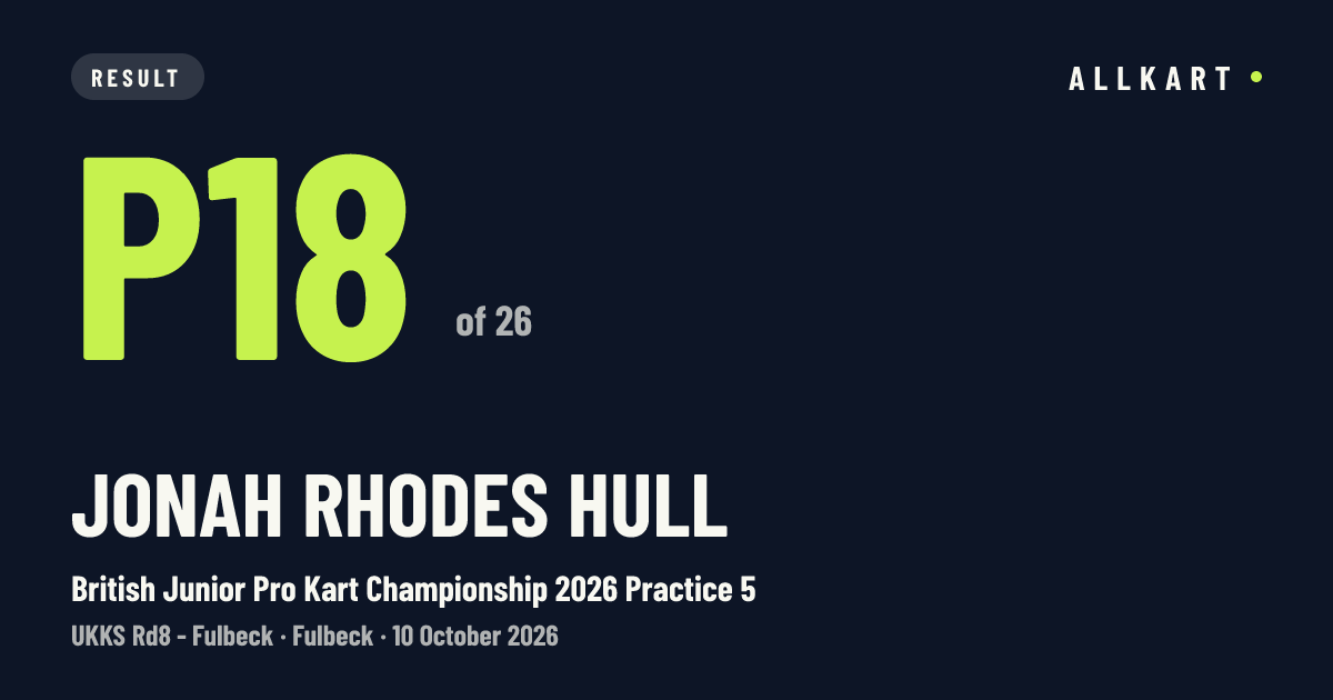 Jonah Rhodes hull: P18 of 26 in British Junior Pro Kart Championship 2026 Practice 5 at Fulbeck