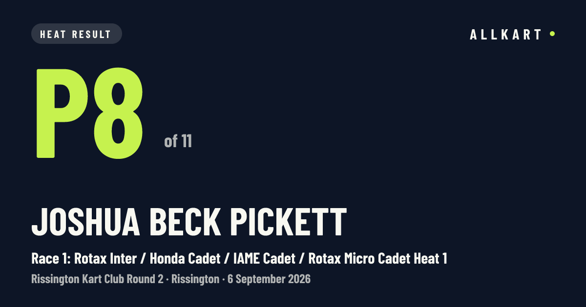 Joshua Beck pickett: P8 of 11 in Race 1: Rotax Inter / Honda Cadet / IAME Cadet / Rotax Micro Cadet Heat 1 at Rissington