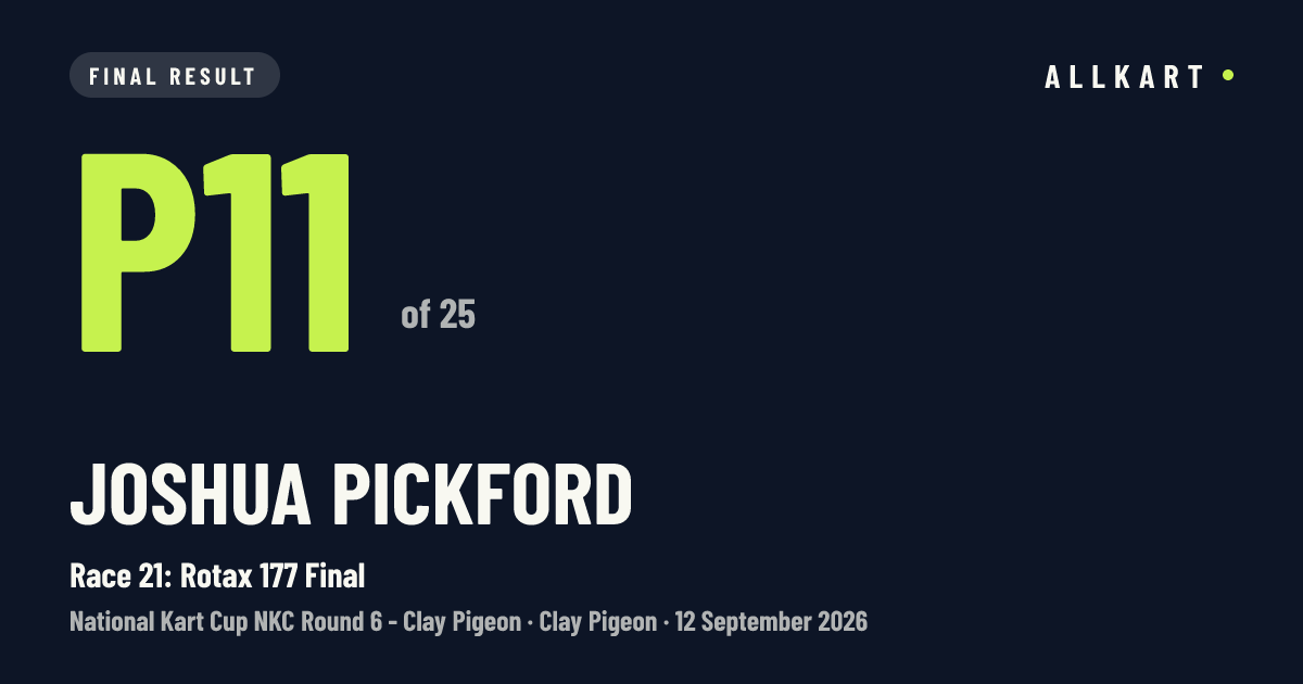 Joshua Pickford: P11 of 25 in Race 21: Rotax 177 Final at Clay Pigeon