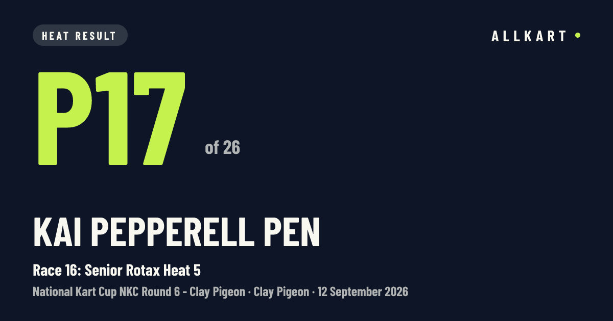 Kai Pepperell pen: P17 of 26 in Race 16: Senior Rotax Heat 5 at Clay Pigeon