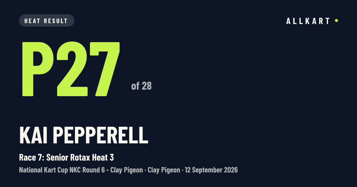 Kai Pepperell: P27 of 28 in Race 7: Senior Rotax Heat 3 at Clay Pigeon