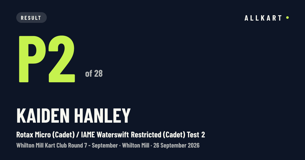 Kaiden Hanley: P2 of 28 in Rotax Micro (Cadet) / IAME Waterswift Restricted (Cadet) Test 2 at Whilton Mill