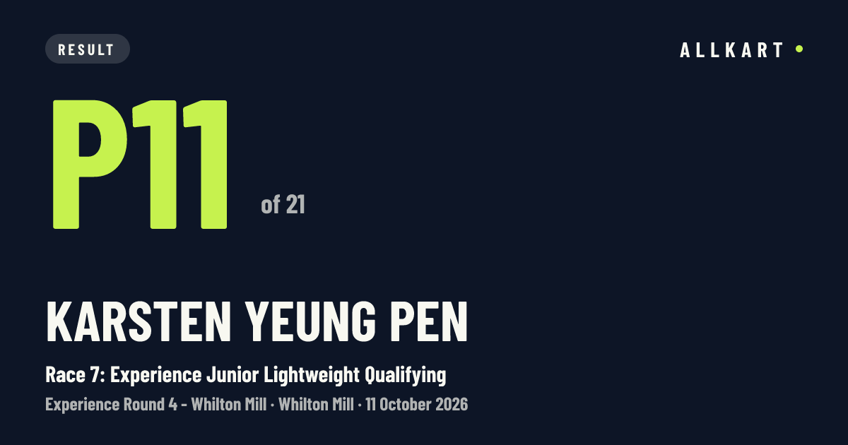 Karsten Yeung pen: P11 of 21 in Race 7: Experience Junior Lightweight Qualifying at Whilton Mill