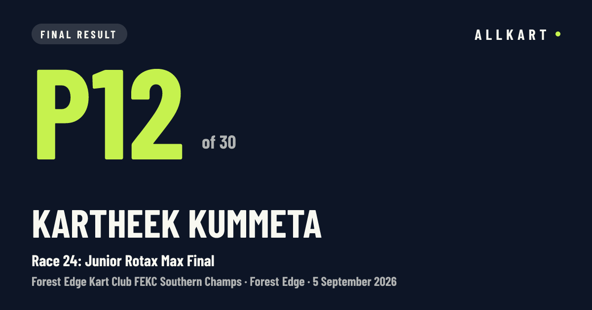 Kartheek Kummeta: P12 of 30 in Race 24: Junior Rotax Max Final at Forest Edge