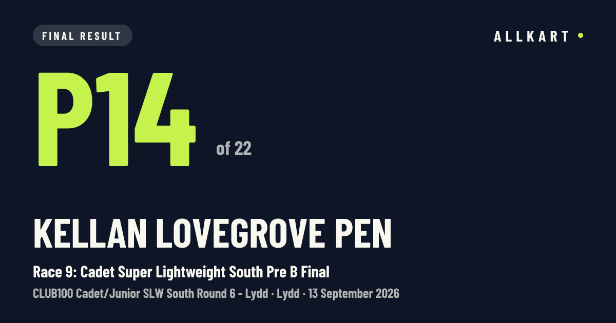 Kellan Lovegrove pen: P14 of 22 in Race 9: Cadet Super Lightweight South Pre B Final at Lydd