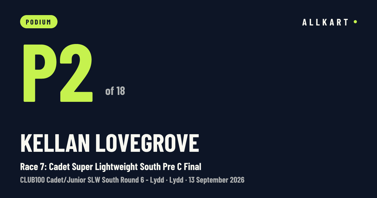 Kellan Lovegrove: P2 of 18 in Race 7: Cadet Super Lightweight South Pre C Final at Lydd