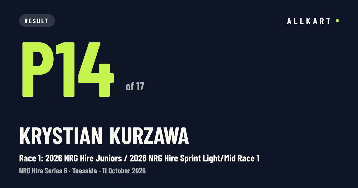 Krystian Kurzawa: P14 of 17 in Race 1: 2026 NRG Hire Juniors / 2026 NRG Hire Sprint Light/Mid Race 1 at Teesside