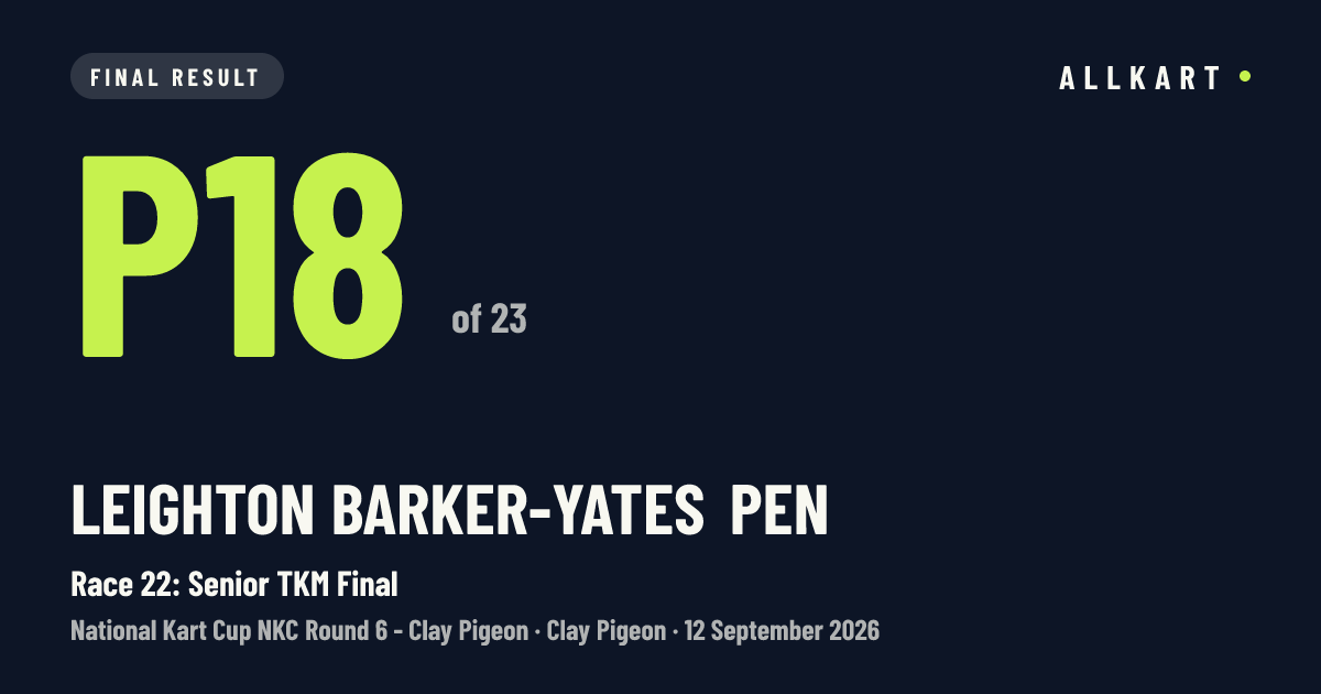 Leighton Barker-yates pen: P18 of 23 in Race 22: Senior TKM Final at Clay Pigeon