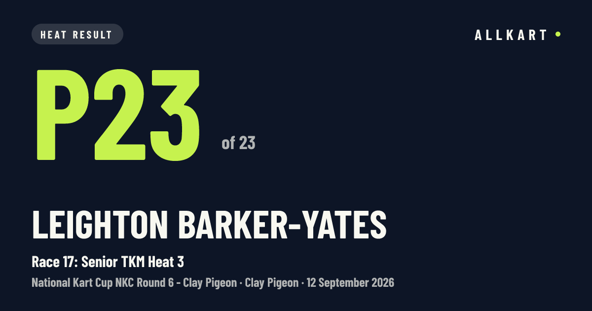 Leighton Barker-yates: P23 of 23 in Race 17: Senior TKM Heat 3 at Clay Pigeon