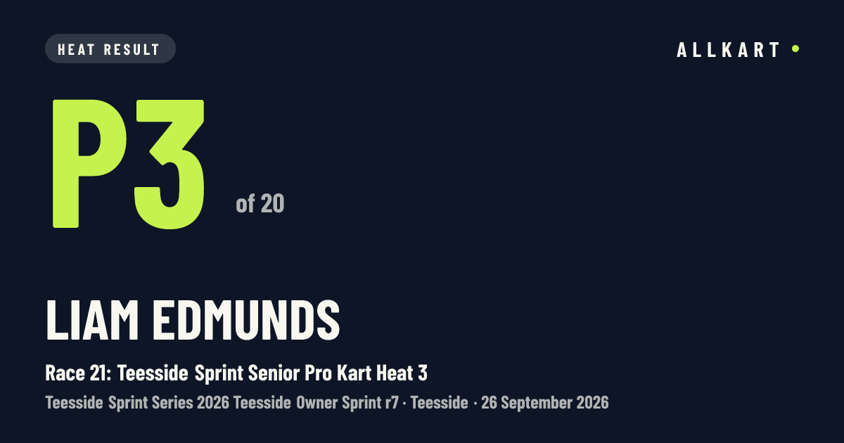 Liam Edmunds: P3 of 20 in Race 21: Teesside Sprint Senior Pro Kart Heat 3 at Teesside