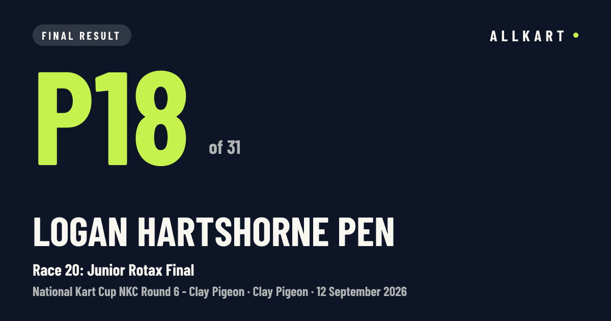 Logan Hartshorne pen: P18 of 31 in Race 20: Junior Rotax Final at Clay Pigeon