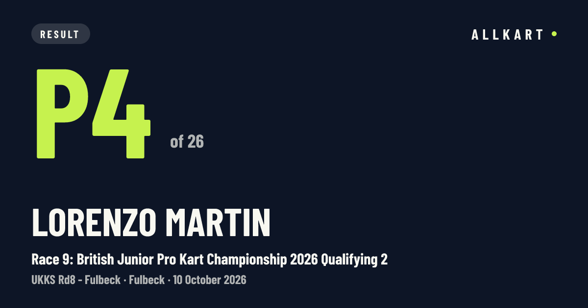 Lorenzo Martin: P4 of 26 in Race 9: British Junior Pro Kart Championship 2026 Qualifying 2 at Fulbeck