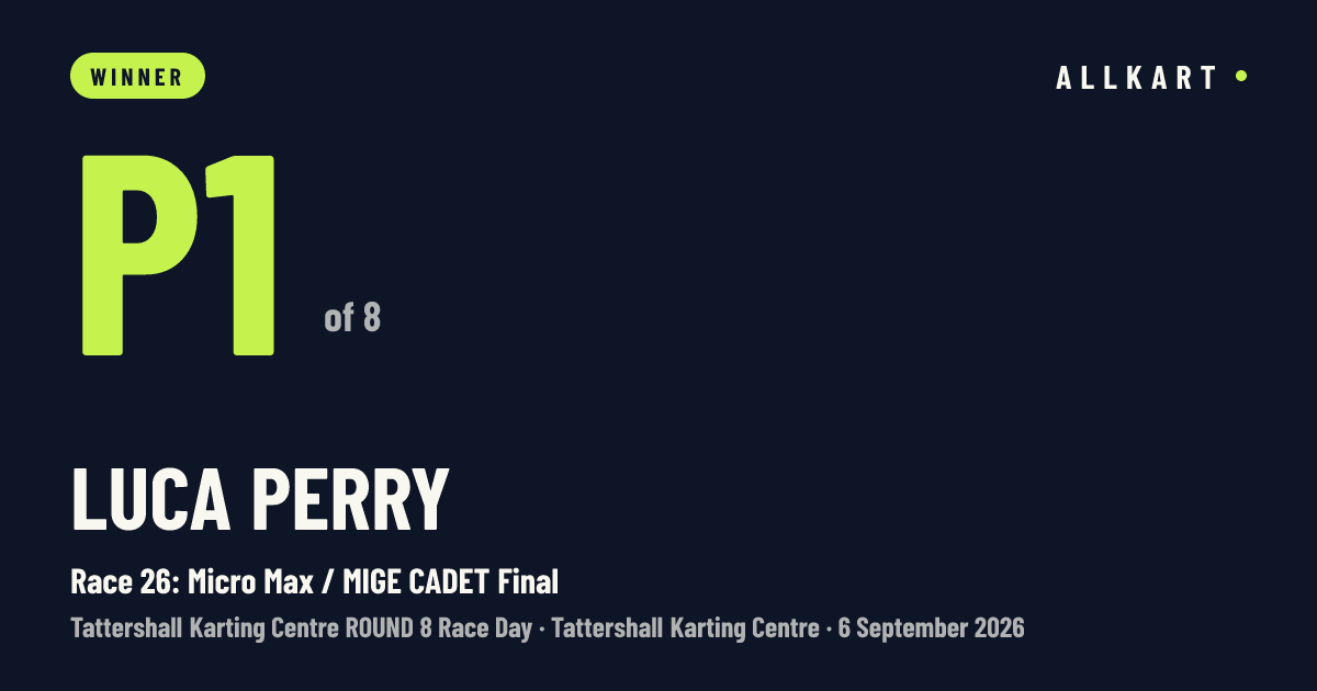 Luca Perry: P1 of 8 in Race 26: Micro Max / MIGE CADET Final at Tattershall Karting Centre