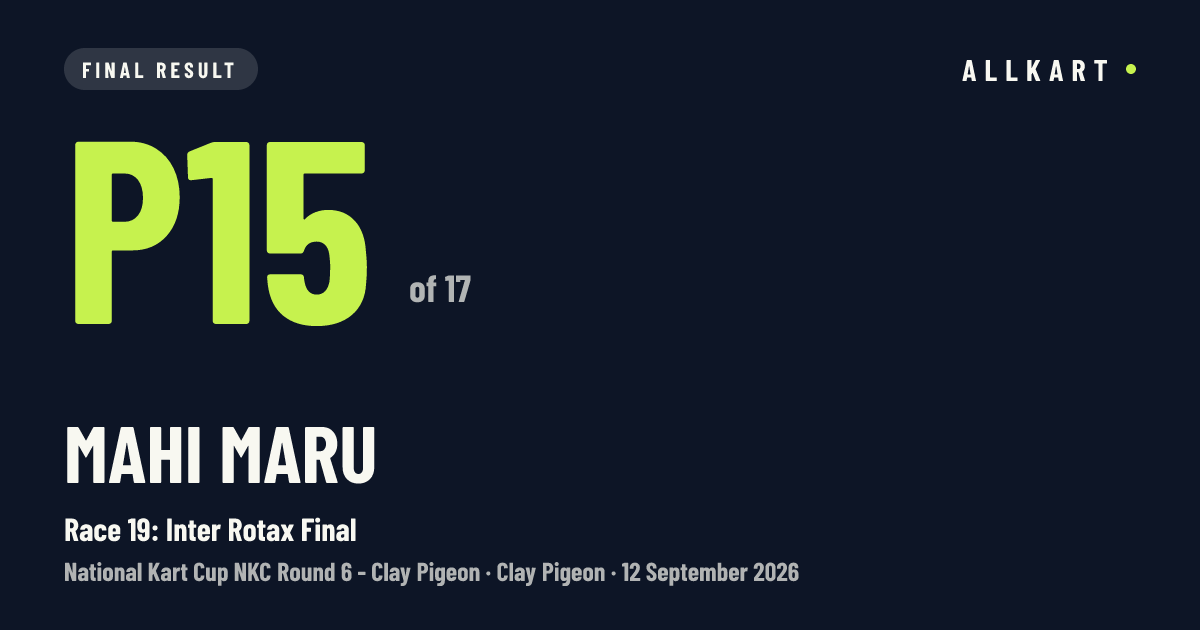 Mahi Maru: P15 of 17 in Race 19: Inter Rotax Final at Clay Pigeon