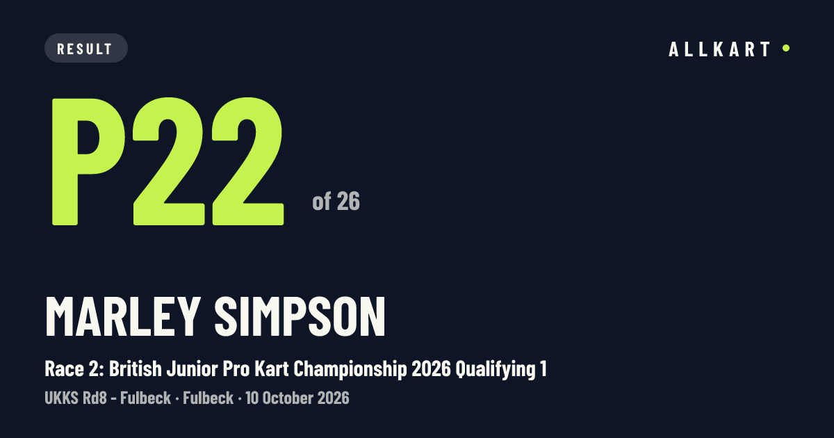 Marley Simpson: P22 of 26 in Race 2: British Junior Pro Kart Championship 2026 Qualifying 1 at Fulbeck