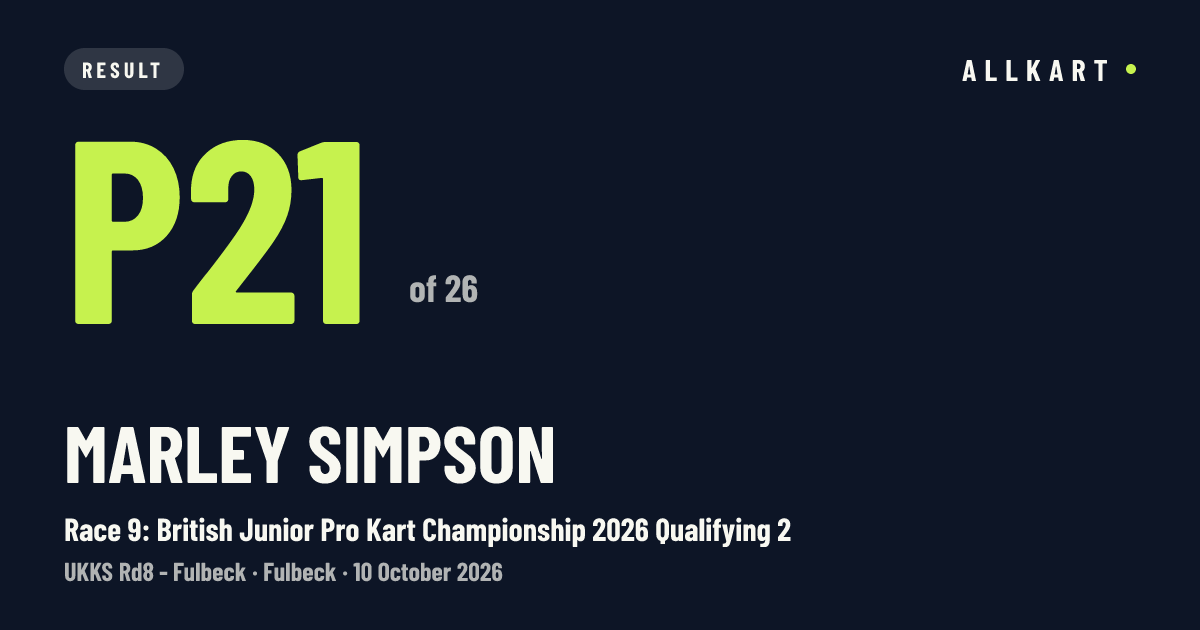 Marley Simpson: P21 of 26 in Race 9: British Junior Pro Kart Championship 2026 Qualifying 2 at Fulbeck