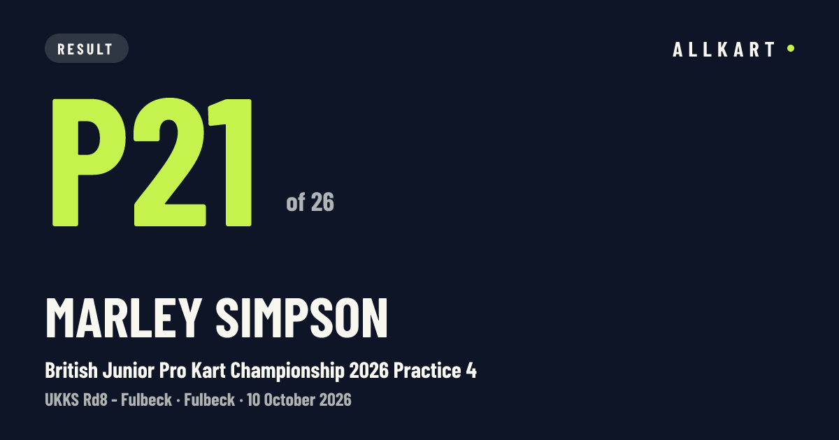 Marley Simpson: P21 of 26 in British Junior Pro Kart Championship 2026 Practice 4 at Fulbeck