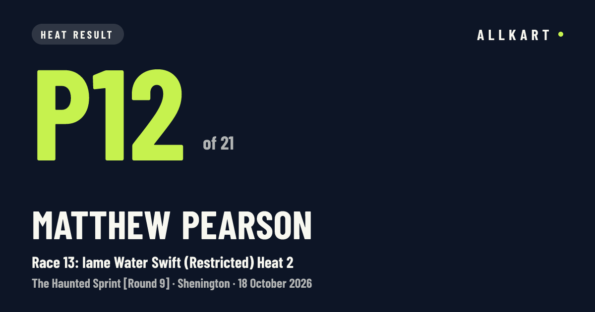 Matthew PEARSON: P12 of 21 in Race 13: Iame Water Swift (Restricted) Heat 2 at Shenington