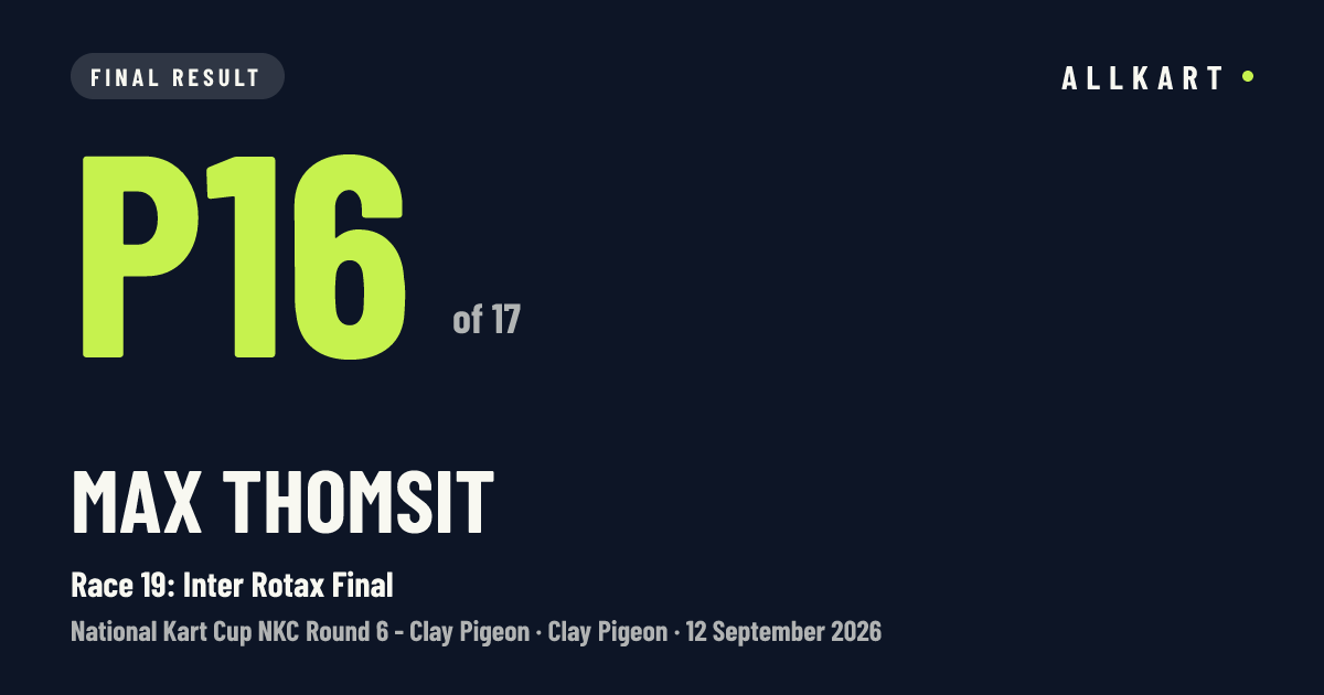 Max Thomsit: P16 of 17 in Race 19: Inter Rotax Final at Clay Pigeon