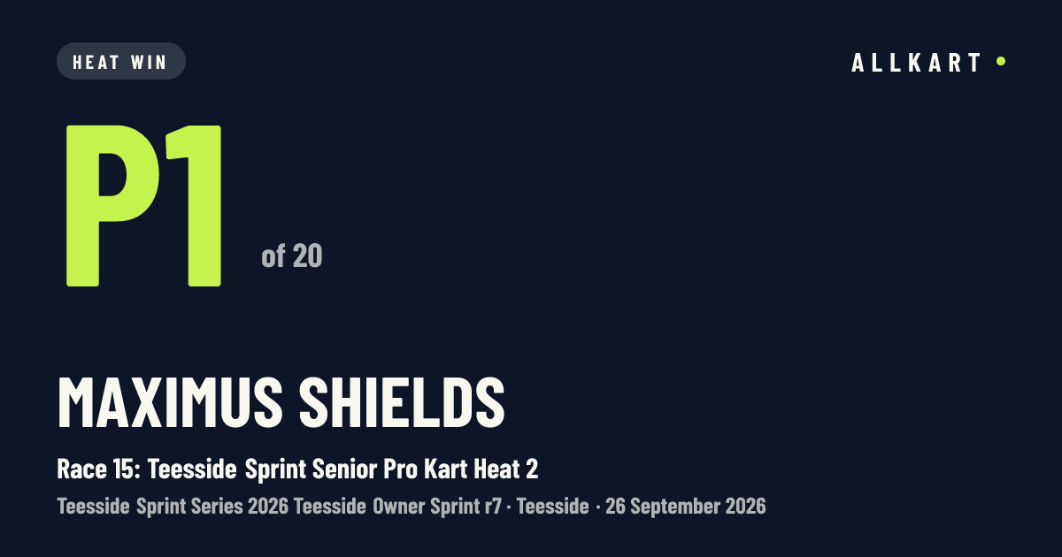Maximus Shields: P1 of 20 in Race 15: Teesside Sprint Senior Pro Kart Heat 2 at Teesside
