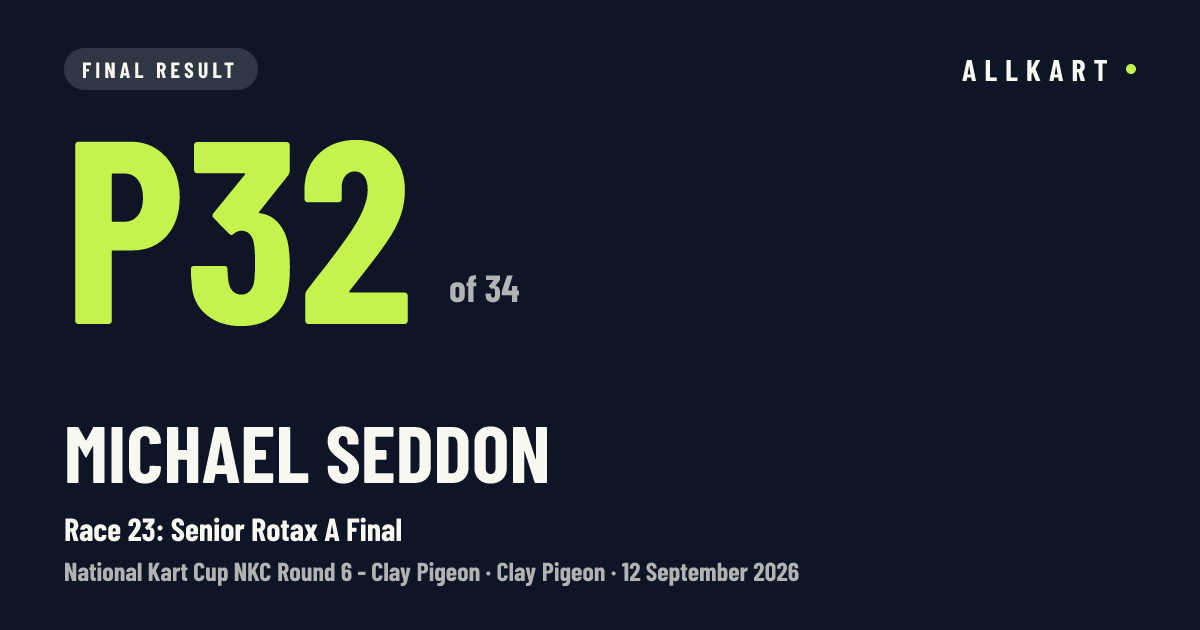 Michael Seddon: P32 of 34 in Race 23: Senior Rotax A Final at Clay Pigeon