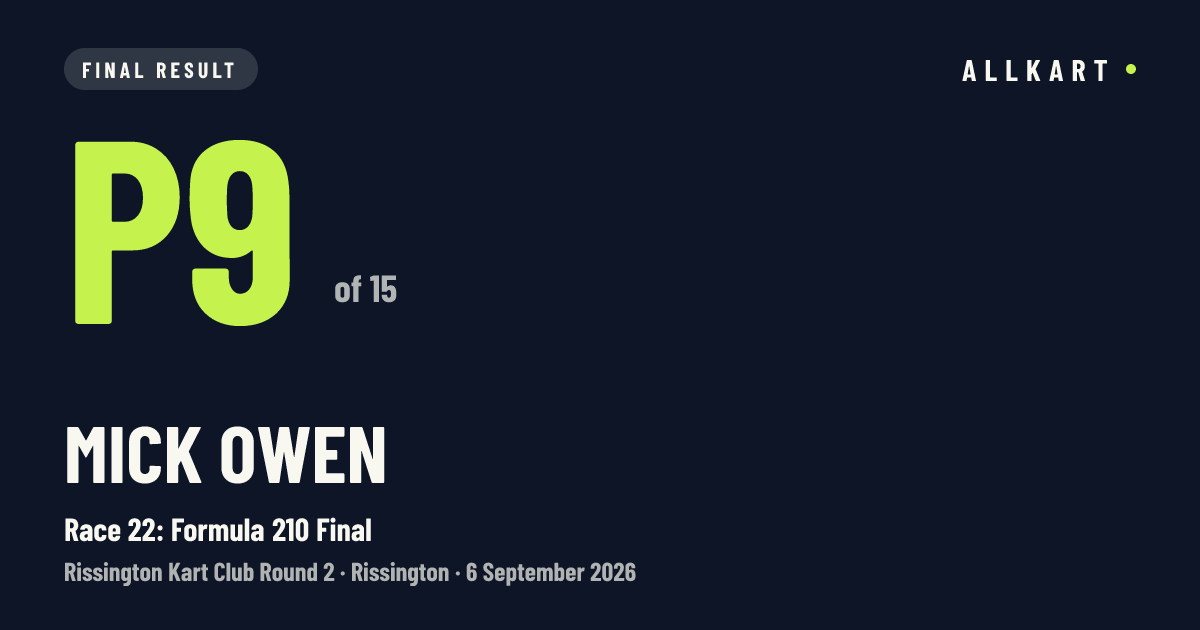 Mick Owen: P9 of 15 in Race 22: Formula 210 Final at Rissington