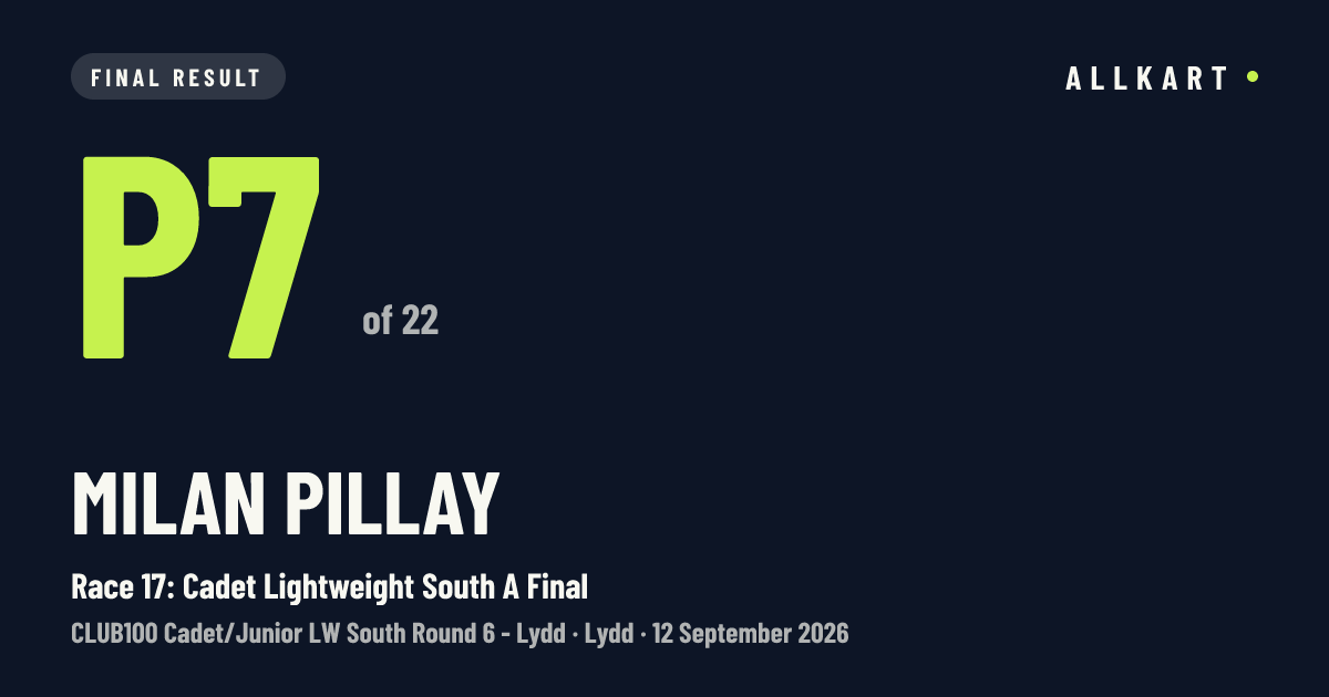 Milan Pillay: P7 of 22 in Race 17: Cadet Lightweight South A Final at Lydd