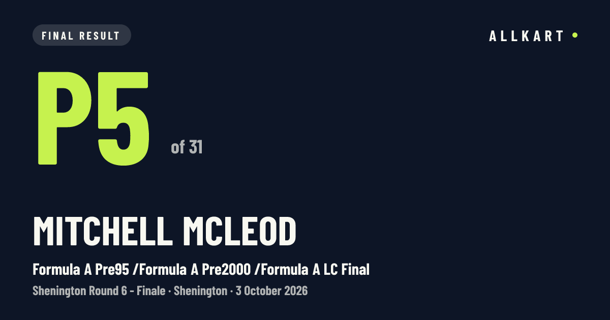 Mitchell McLeod: P5 of 31 in Formula A Pre95 /Formula A Pre2000 /Formula A LC Final at Shenington