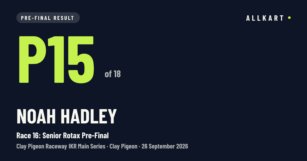 Noah Hadley: P15 of 18 in Race 16: Senior Rotax Pre-Final at Clay Pigeon